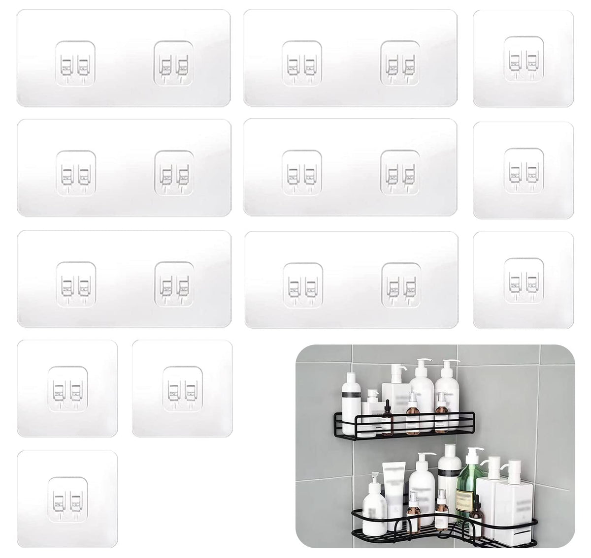 SUBTAVIK 12 Pcs Shower Caddy Adhesive Hooks Replacement, Corner Sticker Transparent Sticky for Bathroom Kitchen Shelf (Double&Single Hook), (YW0133)