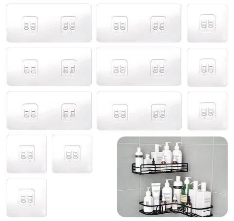 SUBTAVIK 12 Pcs Shower Caddy Adhesive Hooks Replacement, Corner Sticker Transparent Sticky for Bathroom Kitchen Shelf (Double&Single Hook), (YW0133)