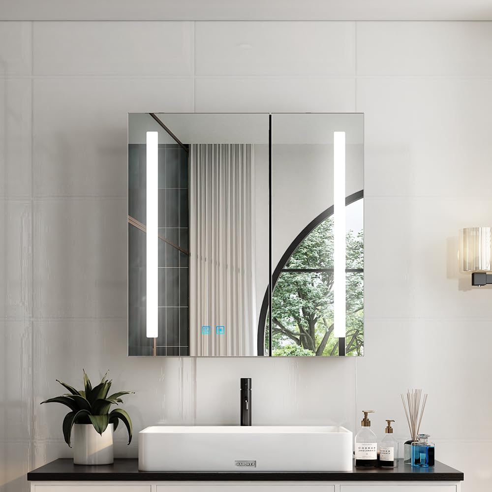 Quavikey® Black Bathroom Mirror Cabinet With Lights and Shaver Socket, Aluminum Wall Mounted Bathroom Cabinet with Mirror and Anti-fog