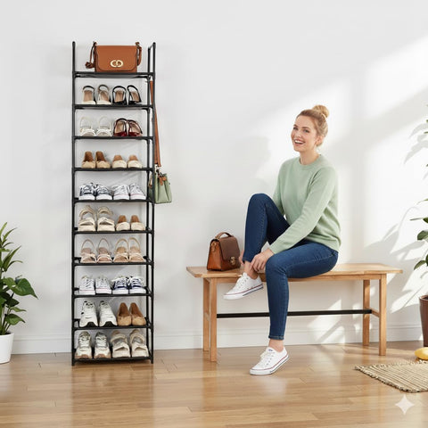 Shoe Rack, 10-Tier Tall Shoe Storage Organiser with Hooks, Holds 20 Pairs