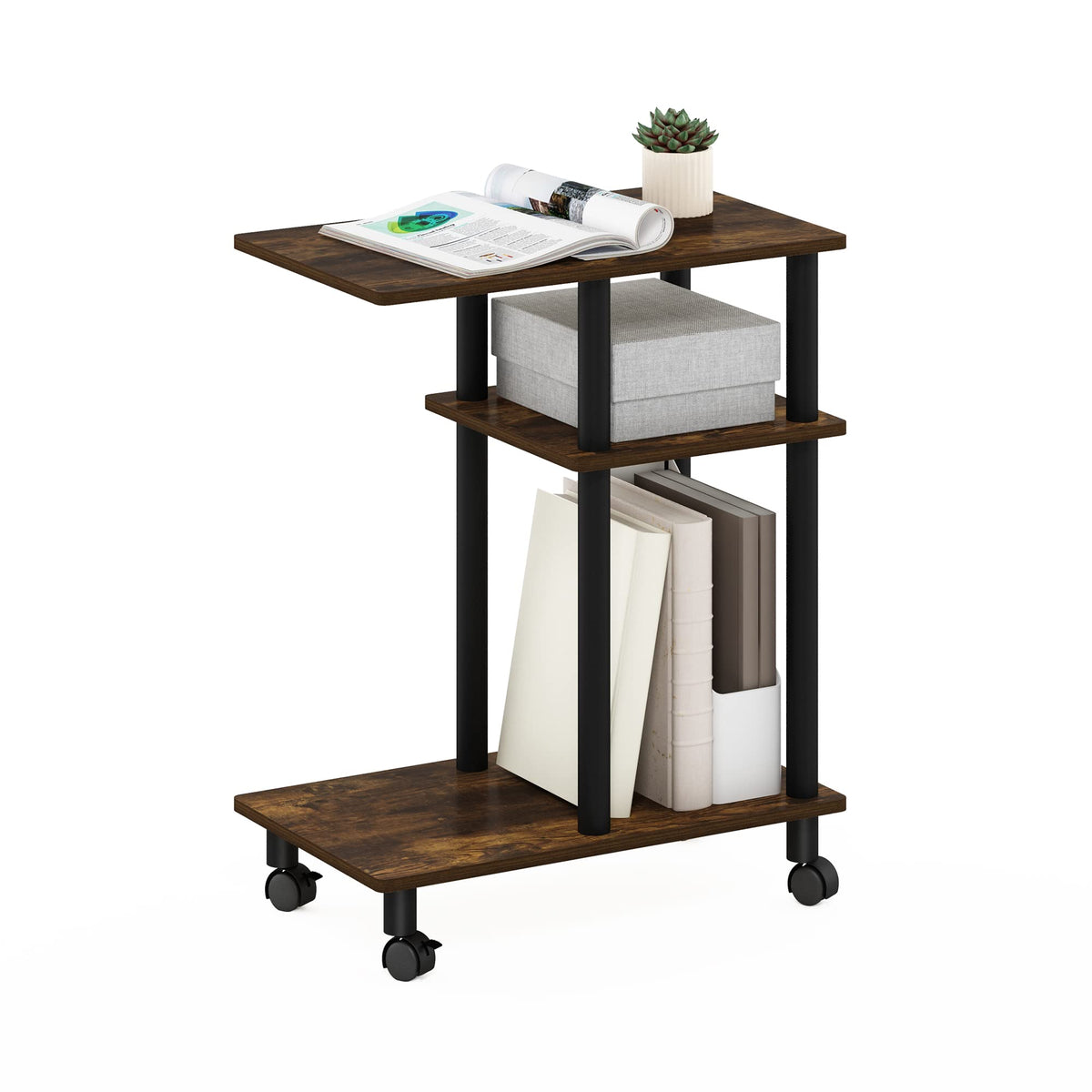 Furinno TURN-N-TUBE Side Table, 3-Tier C-Shape End Table with Wheels, Toolless Assembly Night Stand, Bedside Table with Open Shelf, for Living Room