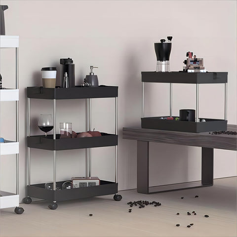Wuudi 4-Tier Storage Trolley Cart, Slide-Out Cart with Wheels Rolling Utility Shelf Rack for Kitchen Bathroom with Hanging Cups & Partition