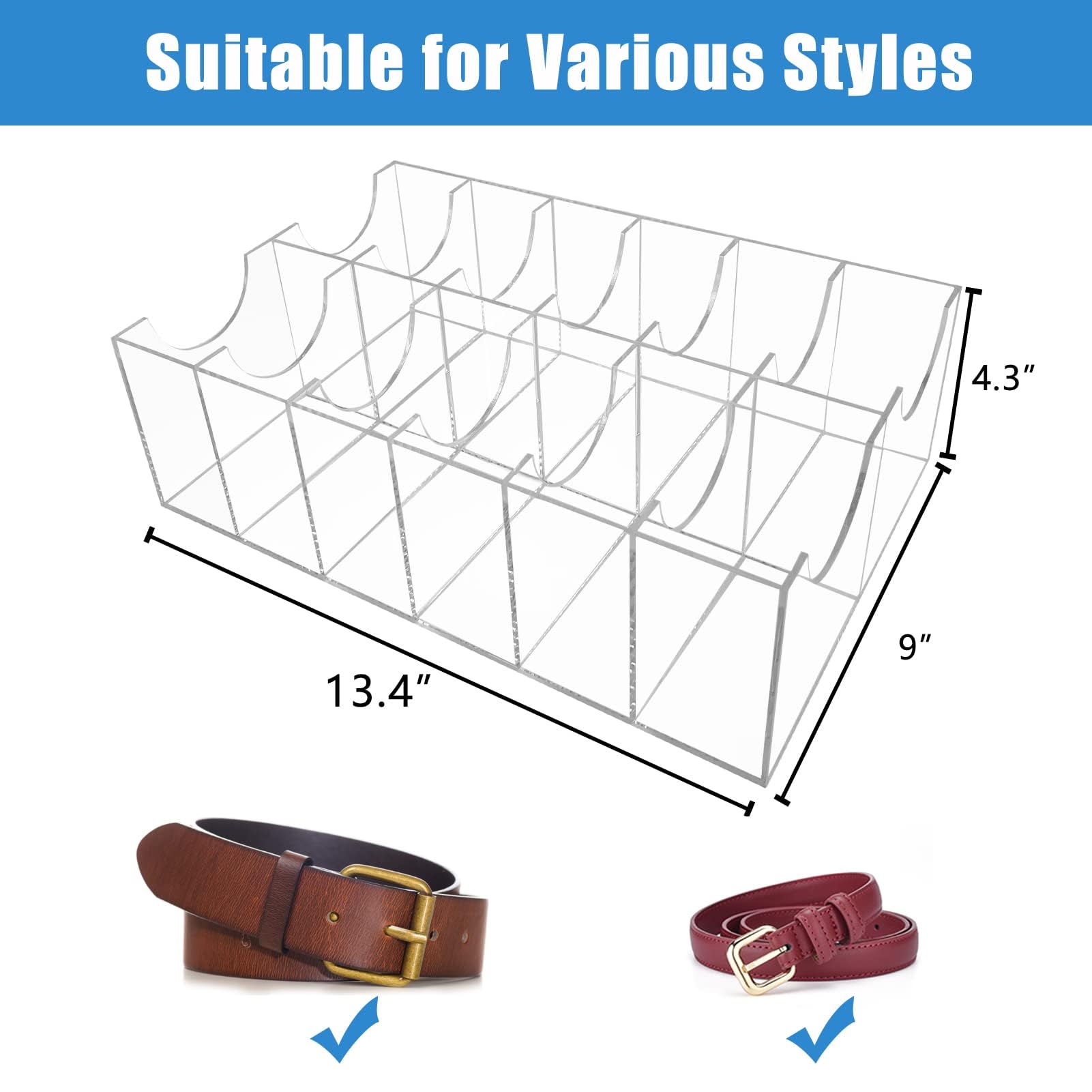 YEXEXINM Acrylic Belt Organizer, 12 Compartments Belt Storage Holder, Clear Belt Display Storage Box