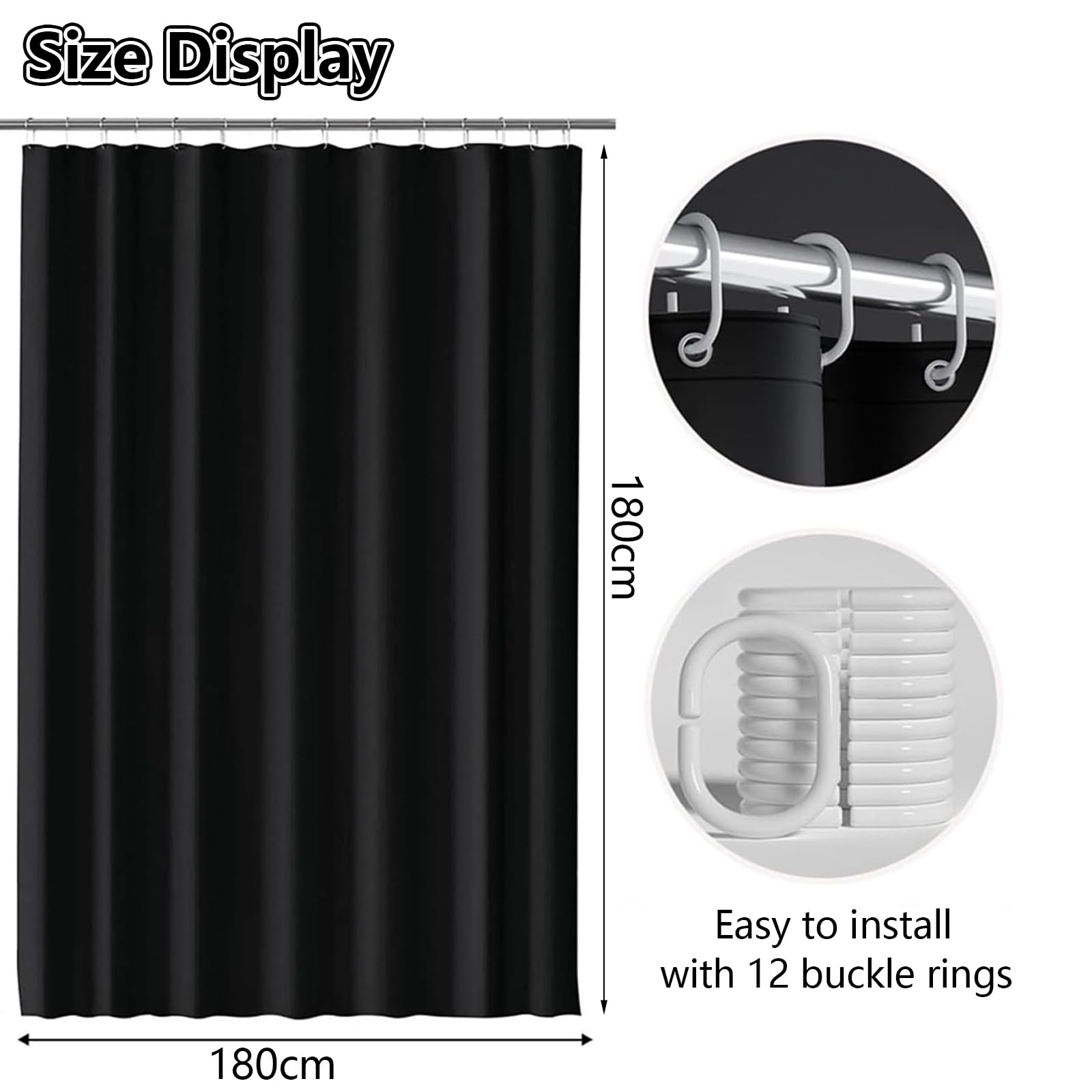 June tech Shower Curtain Mould Proof Mildew Resistant, Waterproof PEVA Black Bathroom Curtain Set With 12 Pcs Hooks