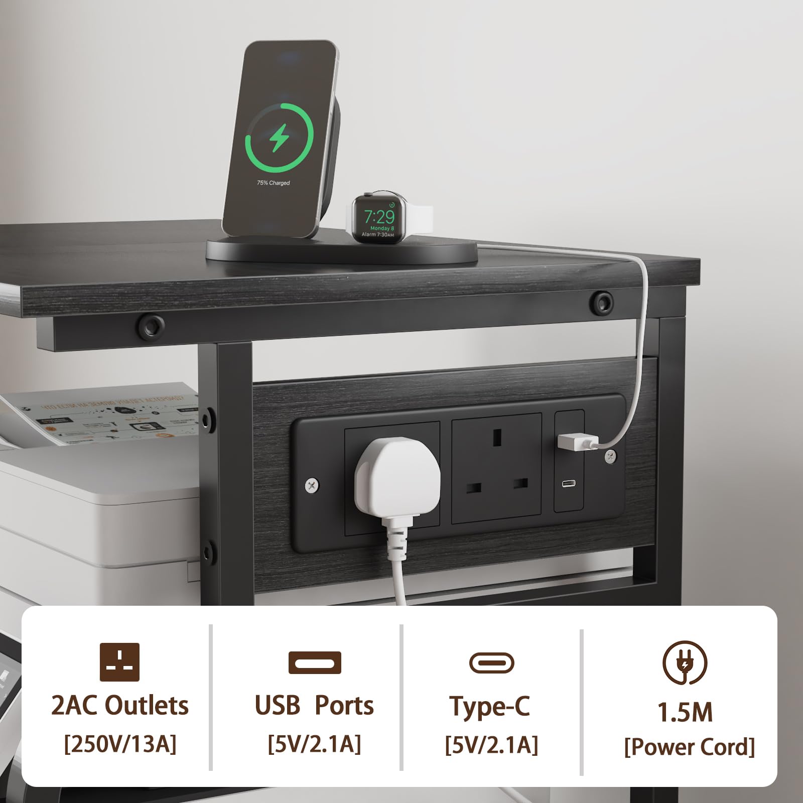 OYRREU 3-Tier Rolling Printer Stand with Outlets for Home, Office, Black