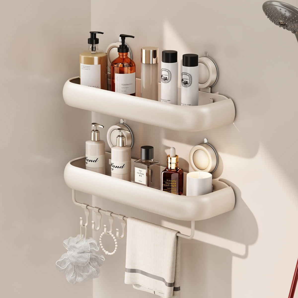 Voldra Shower Caddy Suction Cup, Arc Adhesive Bathroom Shelves Shower Storage Wall Mounted Bathroom Caddy Stick on Shower Organiser Rack With 4