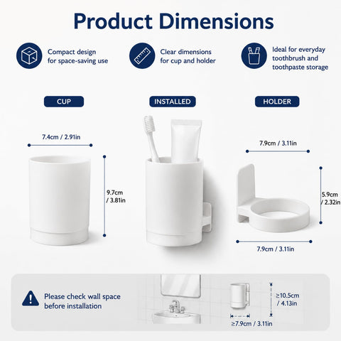 Wall Mounted Toothbrush Holder with Removable Cup, Self Adhesive Bathroom Toothbrush Cup Holder, No Drill Tooth Brushing Cup