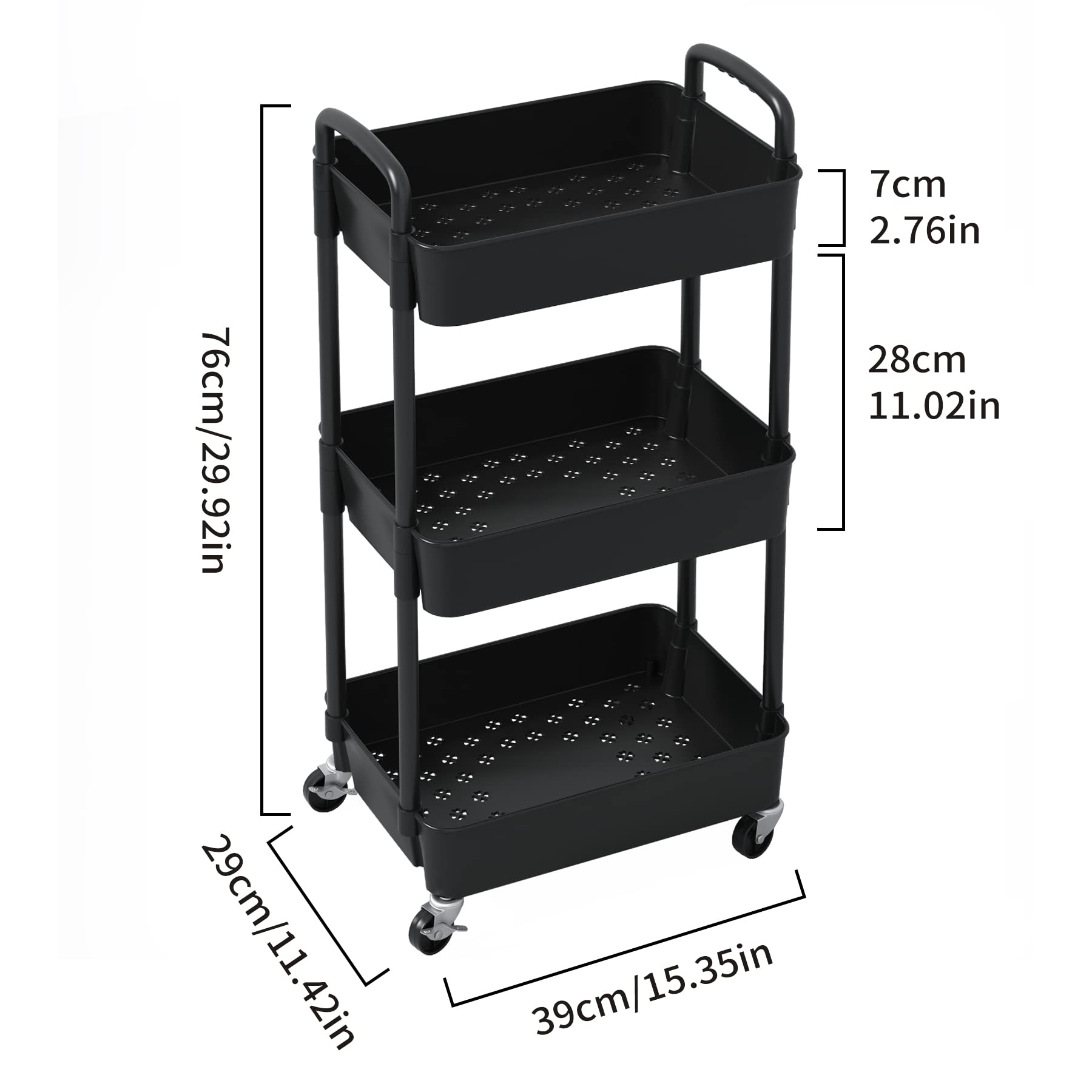 Sywhitta 3-tier Plastic Storage Trolley on Wheels, Kitchen Storage Utility Cart, Rolling Storage Rack for Bedroom, Bathroom, Office, Black