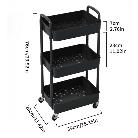 Sywhitta 3-tier Plastic Storage Trolley on Wheels, Kitchen Storage Utility Cart, Rolling Storage Rack for Bedroom, Bathroom, Office, Black