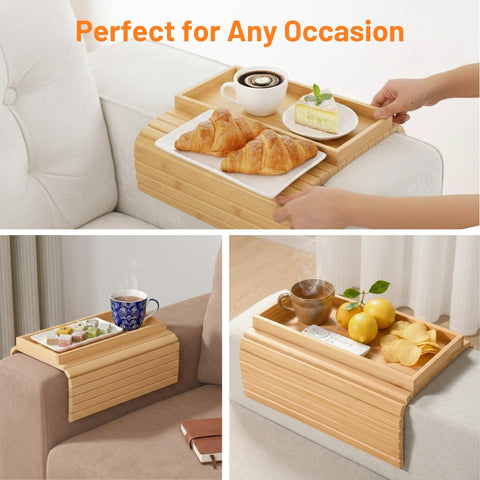 Bamboo Couch Arm Tray Table, Large Sofa Armrest Tray with Raised Edges, Anti-Slip Foldable Couch Cup Holder, Armrest Organizer for Drinks, Snacks