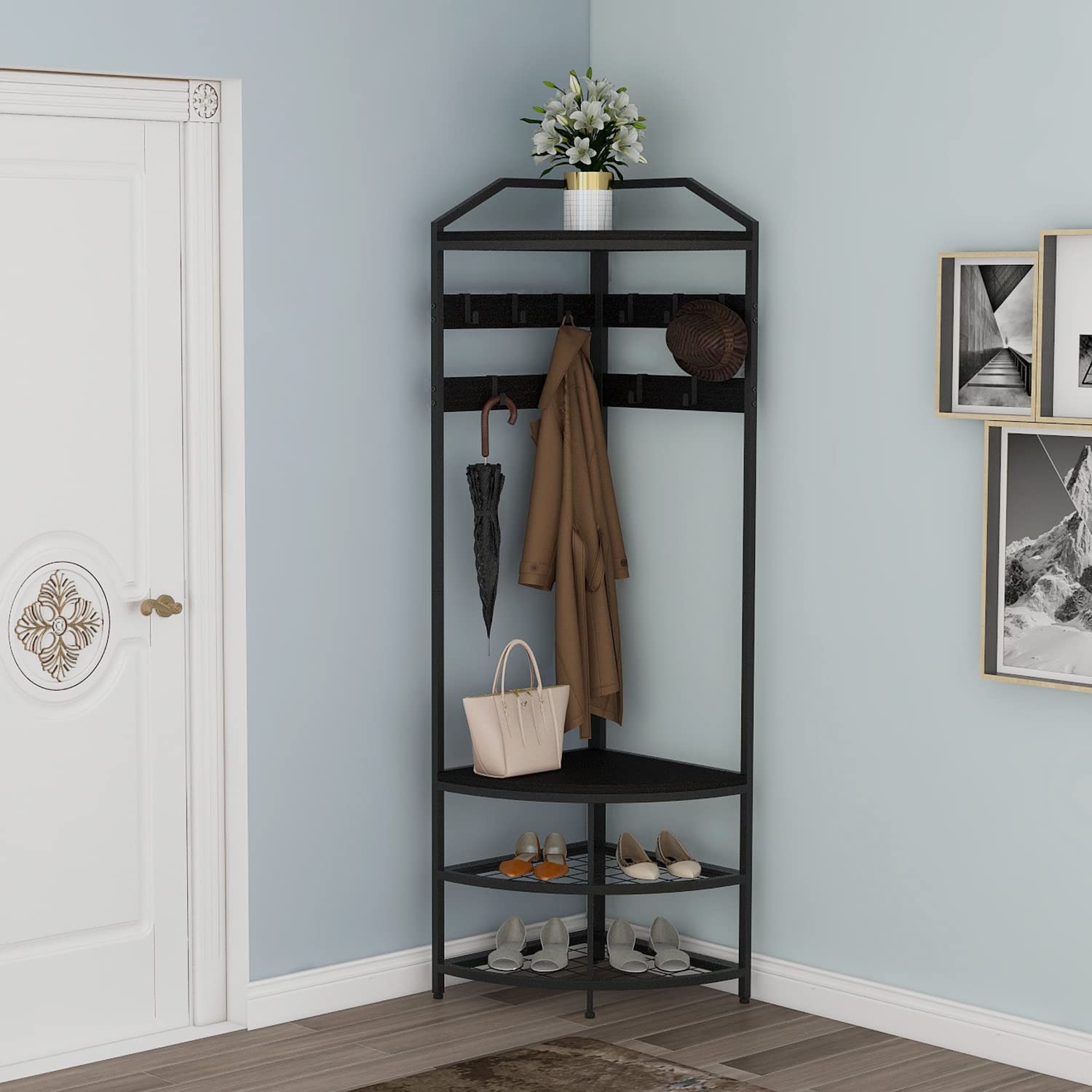 VEDECASA Coat Rack Stand with Shoe Storage Bench Free Standing Corner Hall Tree 4-Tier Corner Clothes Rack with 10 Metal Movable Hooks and Wooden