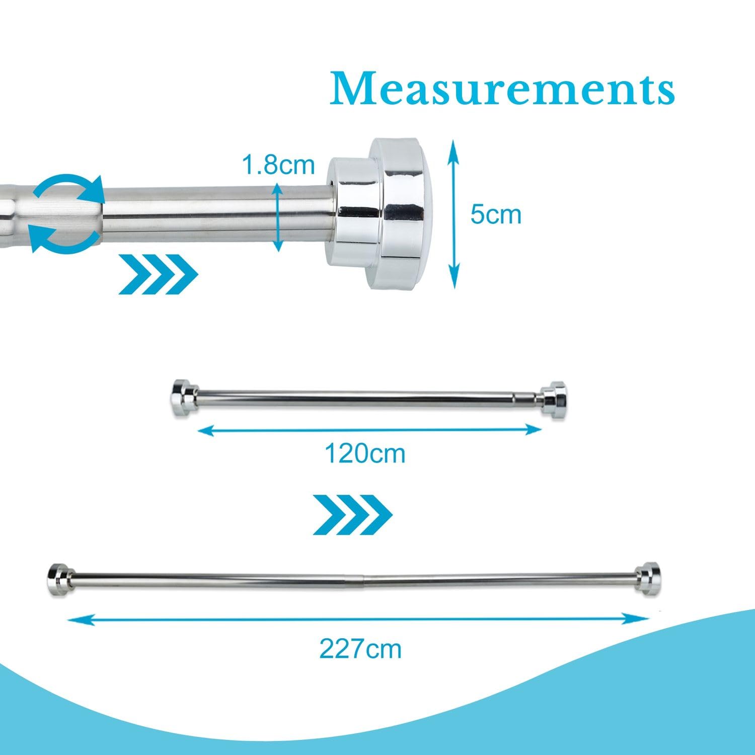 Intirilife telescopic rod in SILVER 120-227 cm- Extendable rod, stainless steel, adjustable, non-slip