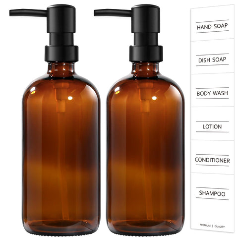 Hand Soap Dispenser,500ml Brown Glass Soap Dispensers, Washing Up Liquid Dispenser, Amber Glass Soap Dispensers Bottle with Pump And Label