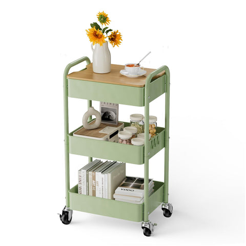 Shrivee 3-Tier Rolling Cart with Table Top, Serving Trolley, Metal Rolling Utility Trolley, Shelf on Wheels, Shelf, Organiser, Kitchen Shelf