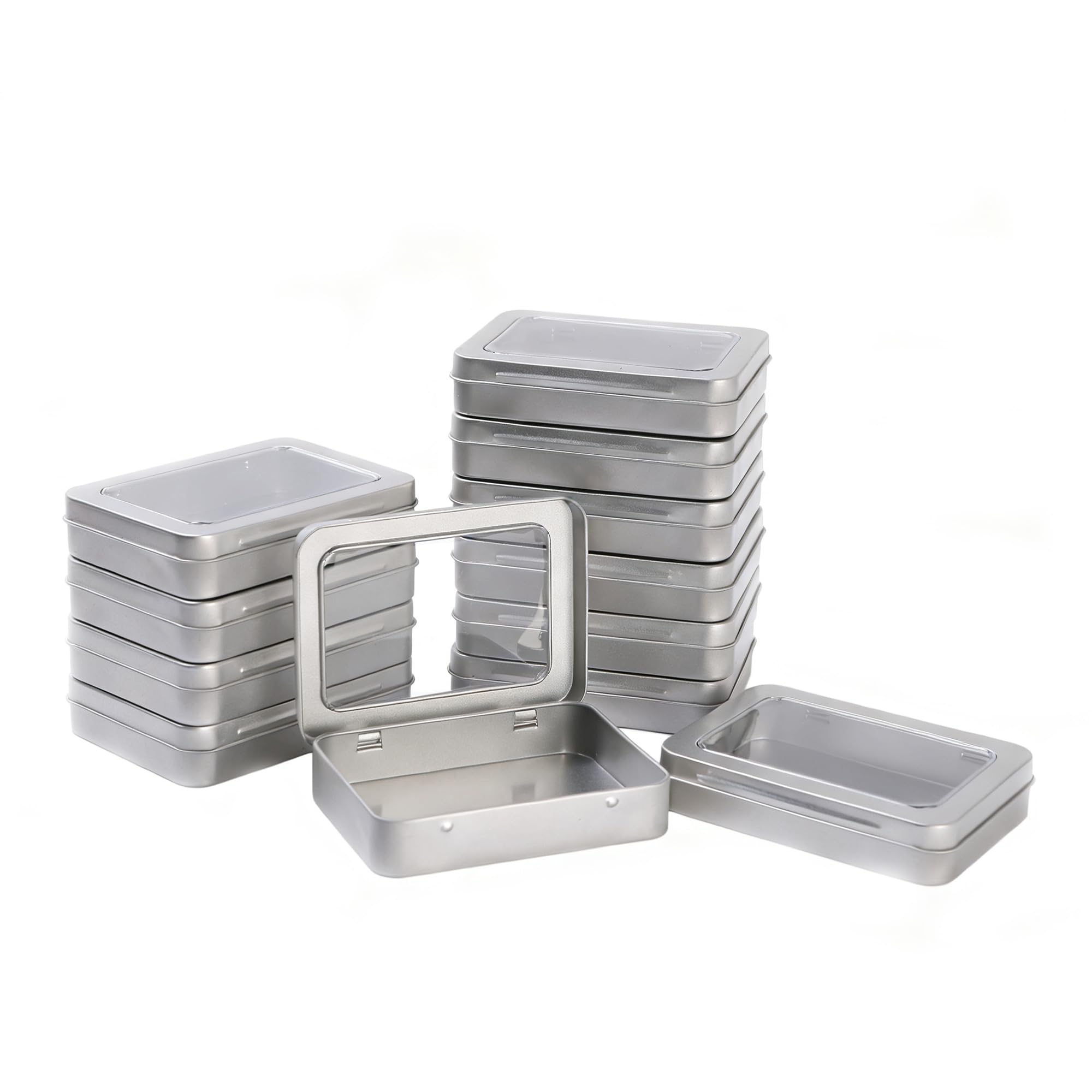 LJY Silver Window Hinged Metal Tins, 12 Pack, 4.5 x 3.3 x 0.9 in