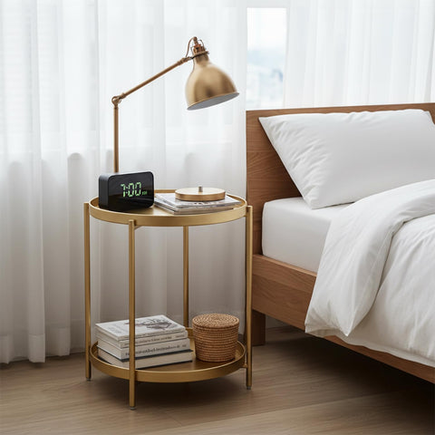 danpinera 2-Tier Gold Side Table, Round End Table, Small Gold Table with Removable Tray, Metal Folding Accent Living Room