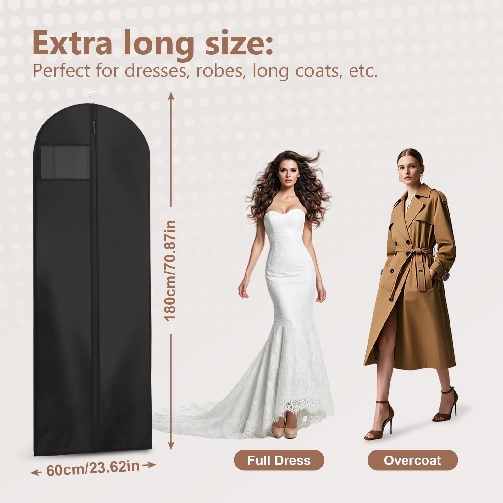 AMFUN 3 PCS Dress Bag,Full Length Travel Suit Bag with Zipper, Dust-proof Clothes Covers Protector Bags,Gown Garment Bag for Long Dresses, 180×60 cm