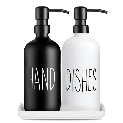 Glass Soap Dispenser Set: Modern Kitchen Sink Soap Dispenser Set of 2 with Ceramic Tray 500ML/17oz Bathroom Hand Wash Bottles,for Liquid Hand Soap