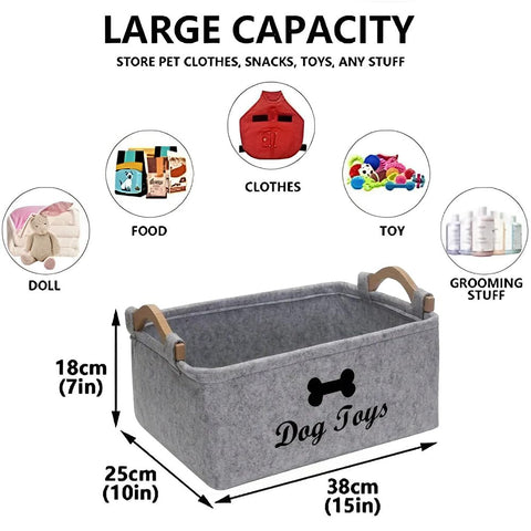 HUATEEN Personalised Dog Toy Storage Box,Large Grey Felt Toy Basket for Dogs Puppy Toy Organiser Pet Toy Storage Bin with Handles 38x25x18cm
