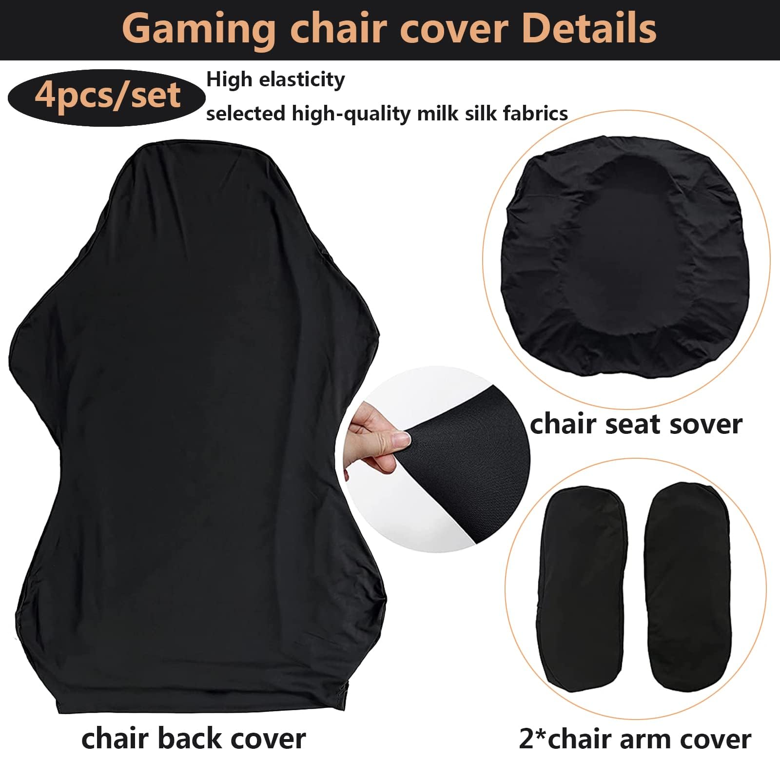 MiseYu Gaming Chair Cover, 4pc Set (Armrest & Back & Seat Covers), Stretchable, Black, Modern Style, Gaming & Office Chair Cover