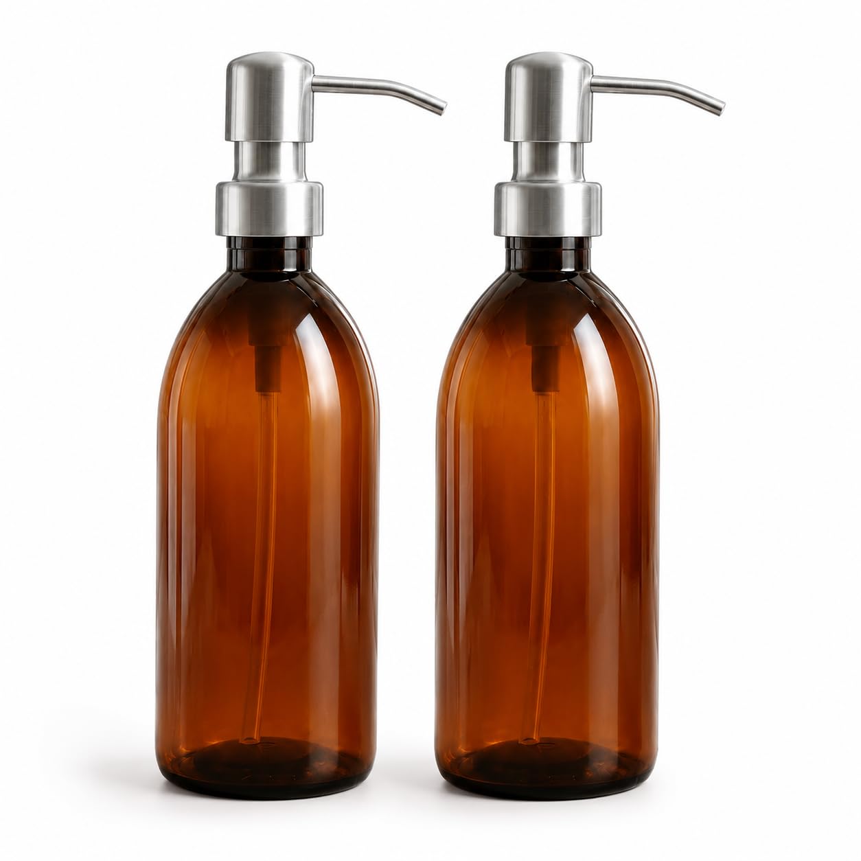 AVALON Brown Amber Plastic Bottles - Brushed Steel Metal Pump 500ml - Pack of 2 - Refillable Plastic Soap Dispenser Bottle for Bathroom/Kitchen
