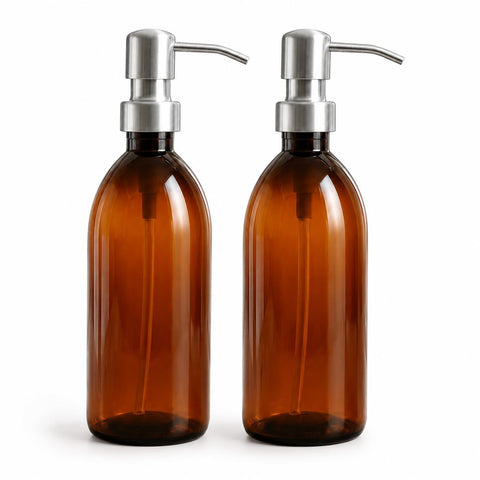 AVALON Brown Amber Plastic Bottles - Brushed Steel Metal Pump 500ml - Pack of 2 - Refillable Plastic Soap Dispenser Bottle for Bathroom/Kitchen