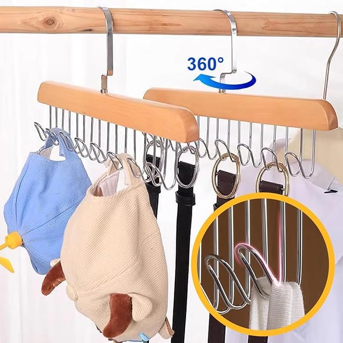 2 Pack Belt Hanger for Closet, Sturdy Wooden Belt Holder with 8 Hooks, Wood Belt Organizer for Closet, Space Save Tank Top Bra Hanger