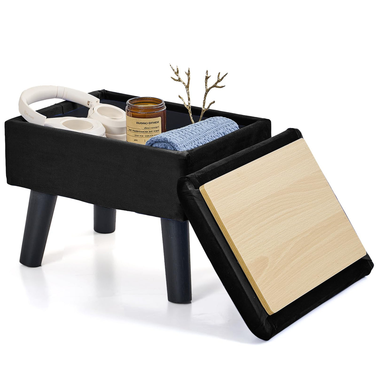 BRIAN & DANY Footstool Ottoman with Storage, Velvet Rectangle Storage Ottoman, Foot Stool with Legs Sofa Footrest for Living Room Entryway Office