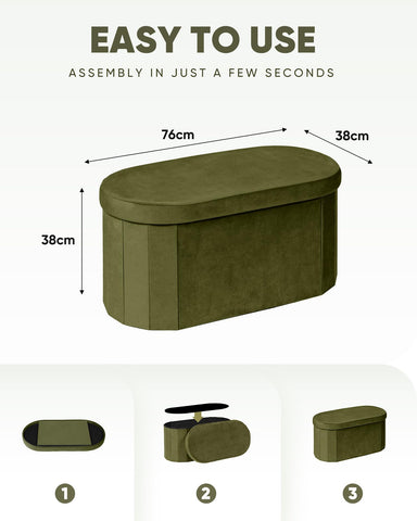 Bonlife Velvet Ottoman Storage Bench, Foldable Storage Chest with Lid,Oval Footstool for Living Room Bedroom Hallway, 76x38x38cm,Olive