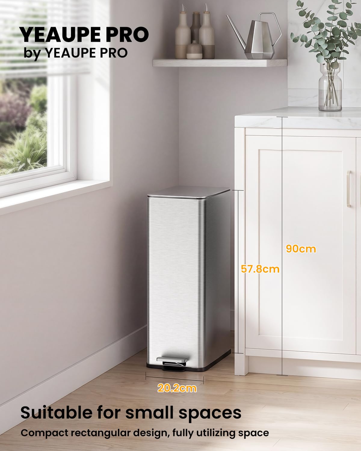 YEAUPE PRO Kitchen Bin, 20L Bathroom Bin, Tall Slim Stainless Steel Pedal Rubbish Bin, with Soft-Close Lids and Plastic Inner Buckets, Odour Seal