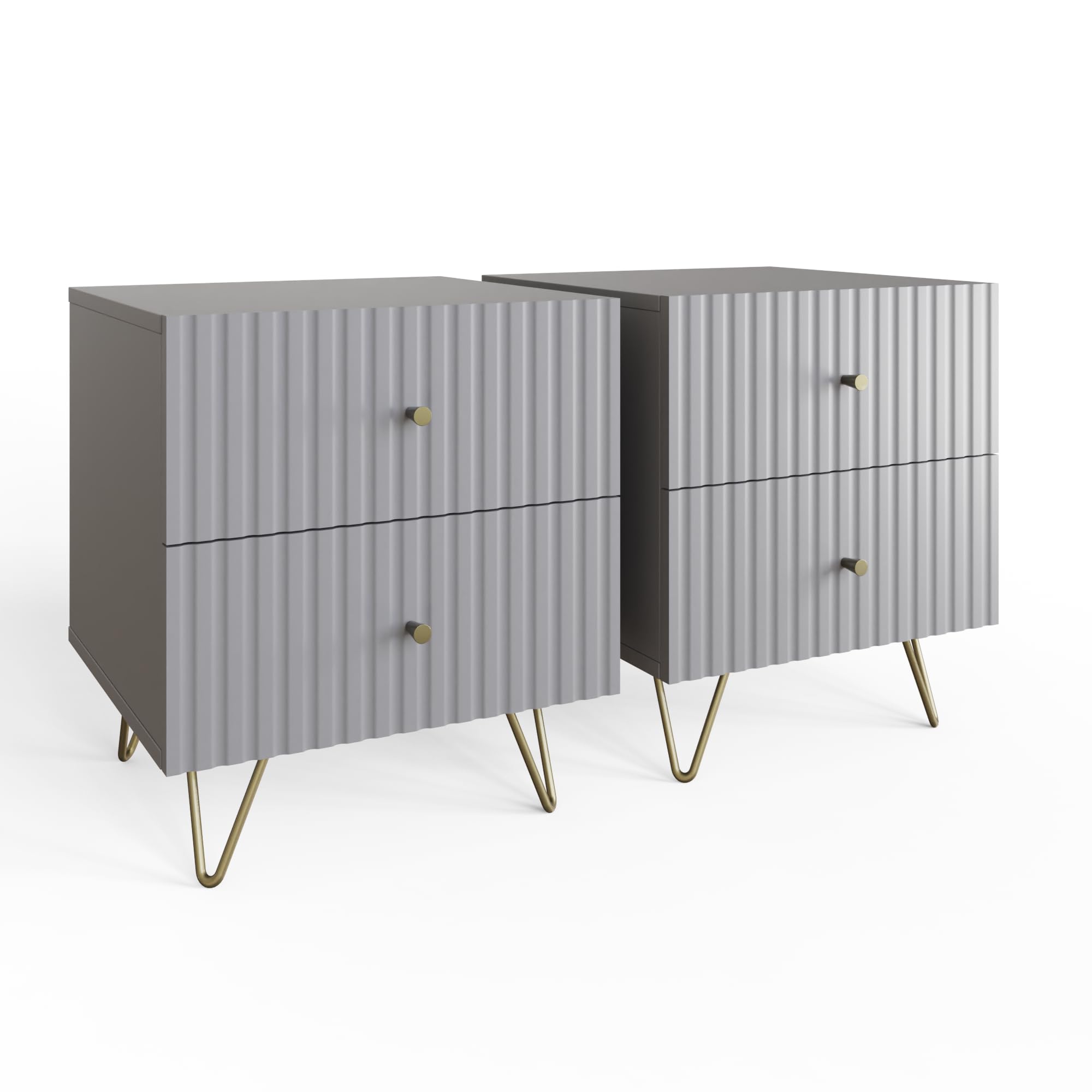 GFW FW Thalia Bedside Table Set of 2, Modern Grey Nightstands with Textured Finish & 2 Drawer Storage