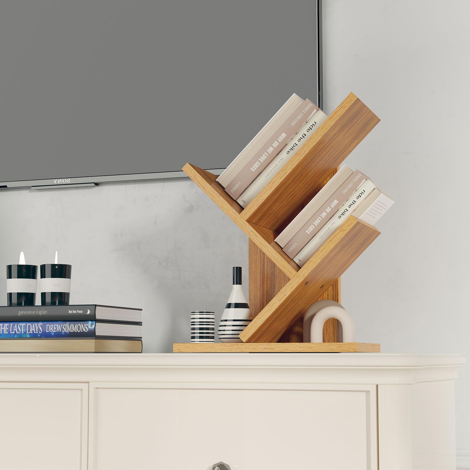 YMYNY 2 Tier Tree Bookshelf, Small Bookcase, Modern Wood Book Storage Rack Organizer, Freestanding Book Shelf for Books/Movies/CDs