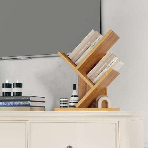 YMYNY 2 Tier Tree Bookshelf, Small Bookcase, Modern Wood Book Storage Rack Organizer, Freestanding Book Shelf for Books/Movies/CDs