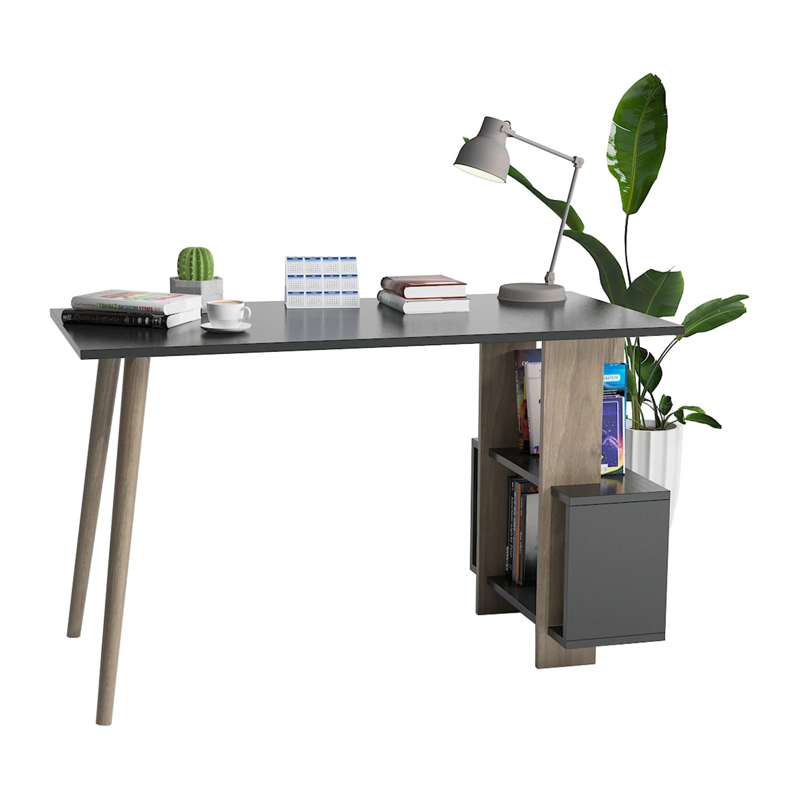 DEMANZE Writing Computer Desk, Home Office Study Desk with Space-Saving Bookshelf, Corner Laptop Pc Table with Storage Shelves
