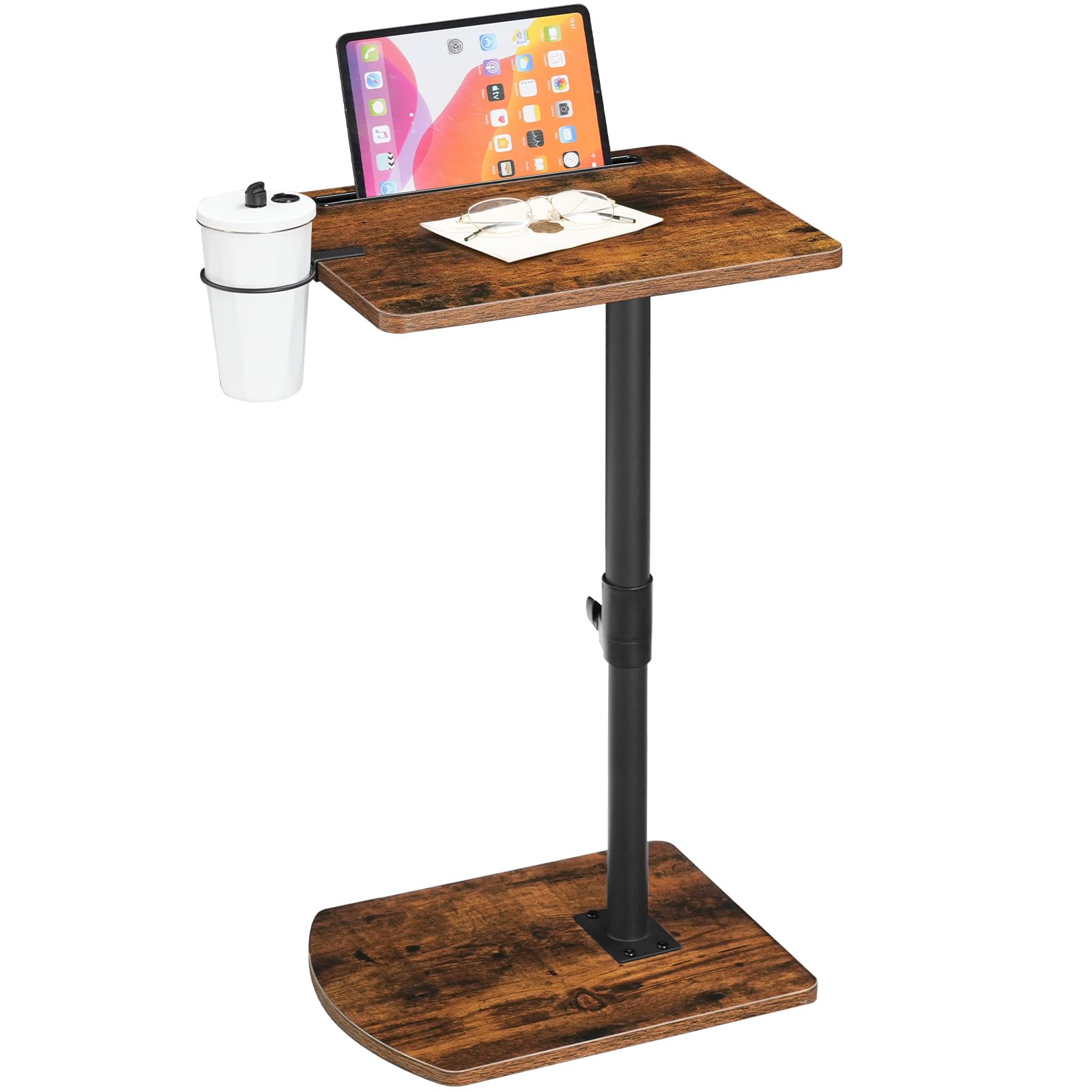HOOBRO C Shaped Side Table, Height Adjustable Bedside Table, 360° Rotating Sofa Table Laptop Tables with Detachable Cup Holder and Tablet Slot