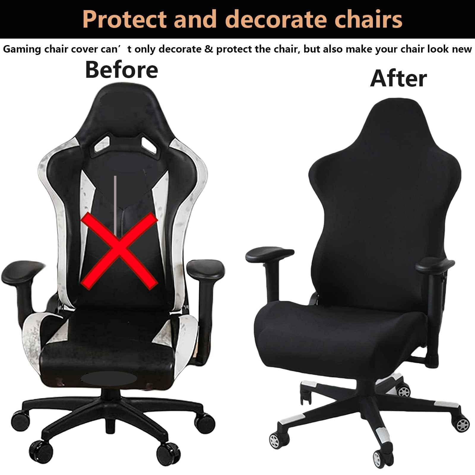 MiseYu Gaming Chair Cover, 4pc Set (Armrest & Back & Seat Covers), Stretchable, Black, Modern Style, Gaming & Office Chair Cover