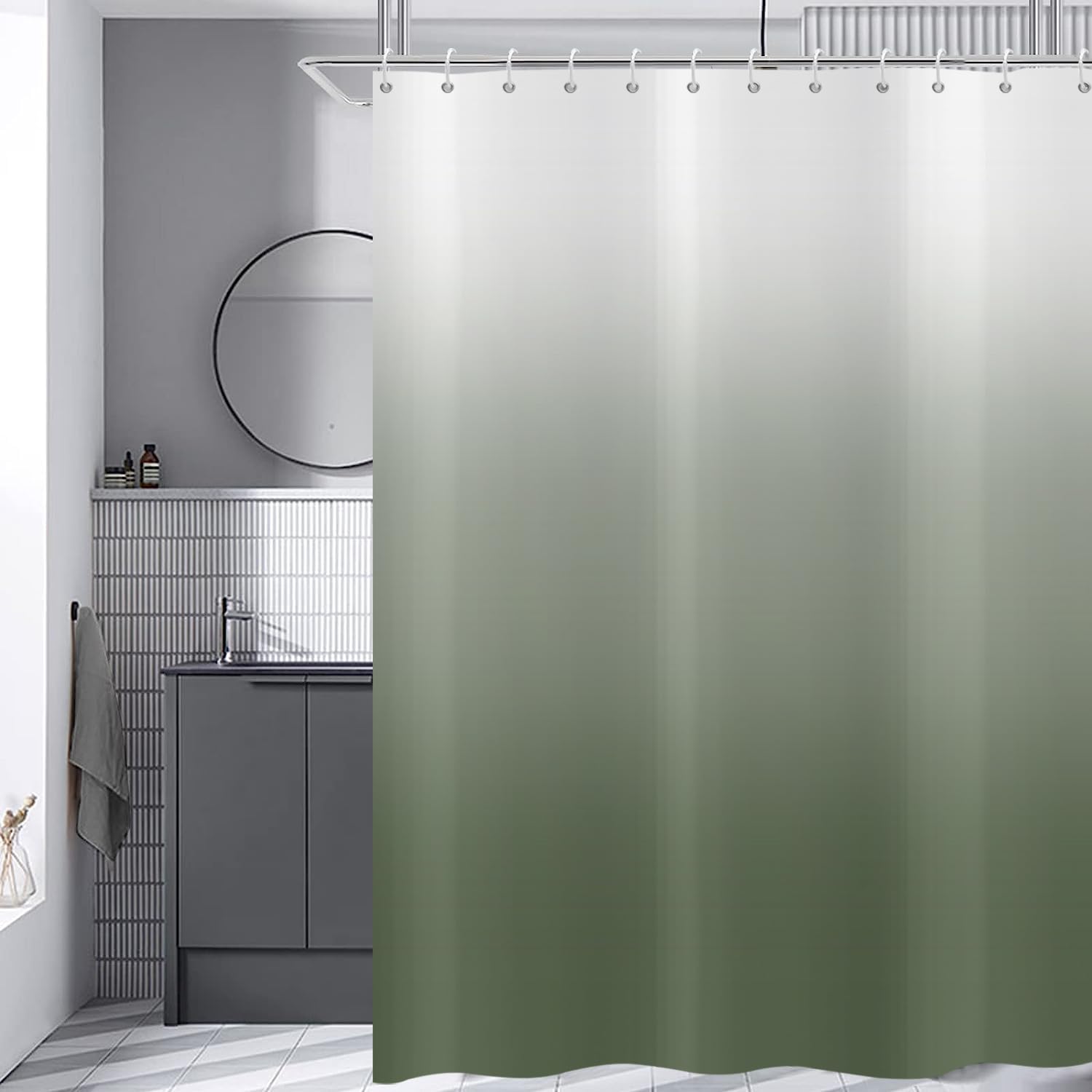 Hnmdmyi Sage Green Shower Curtain 180x200, Green and White Ombre Shower Curtains Elegant Modern Luxury Bathroom Curtains with Hooks Waterproof