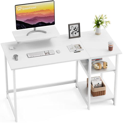 GreenForest Office Desk 120cm with Monitor Stand, Full White