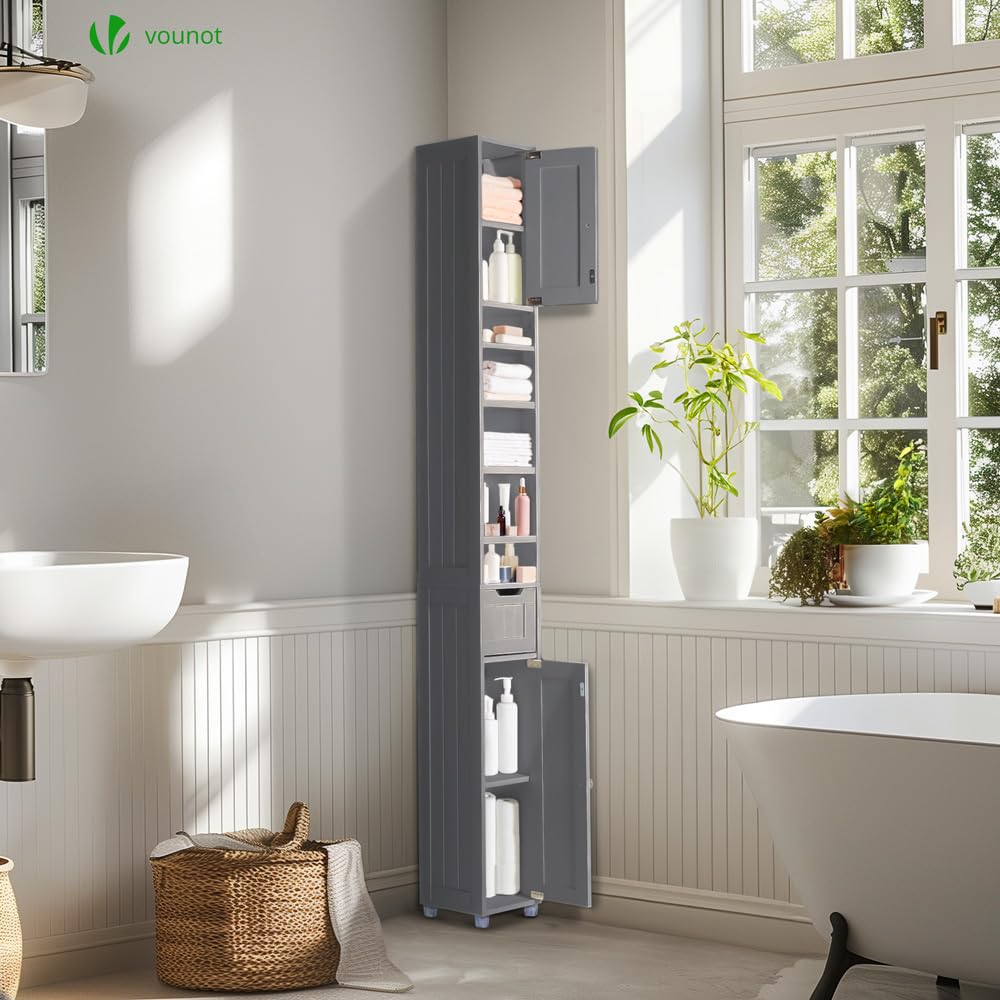 VOUNOT Tall Bathroom Cabinet Freestanding Storage Cabinet with Adjustable Shelf, 1 Drawer and 2 Doors Wooden Cupboard for Bedroom Living Room Kitchen