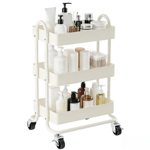 Mordchil EU 3 Tier Metal Utility Cart with Lockable Wheels for Storage, Rolling Utility Trolley Storage Cart for Home & Office, Cream