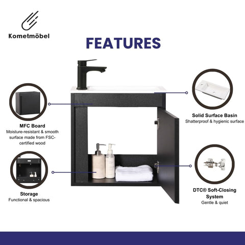 Kometmöbel Cloakroom Vanity Unit With Wash Basin Bathroom Vanity 50cm Wall Hung (Black Without Tap, 500mm)