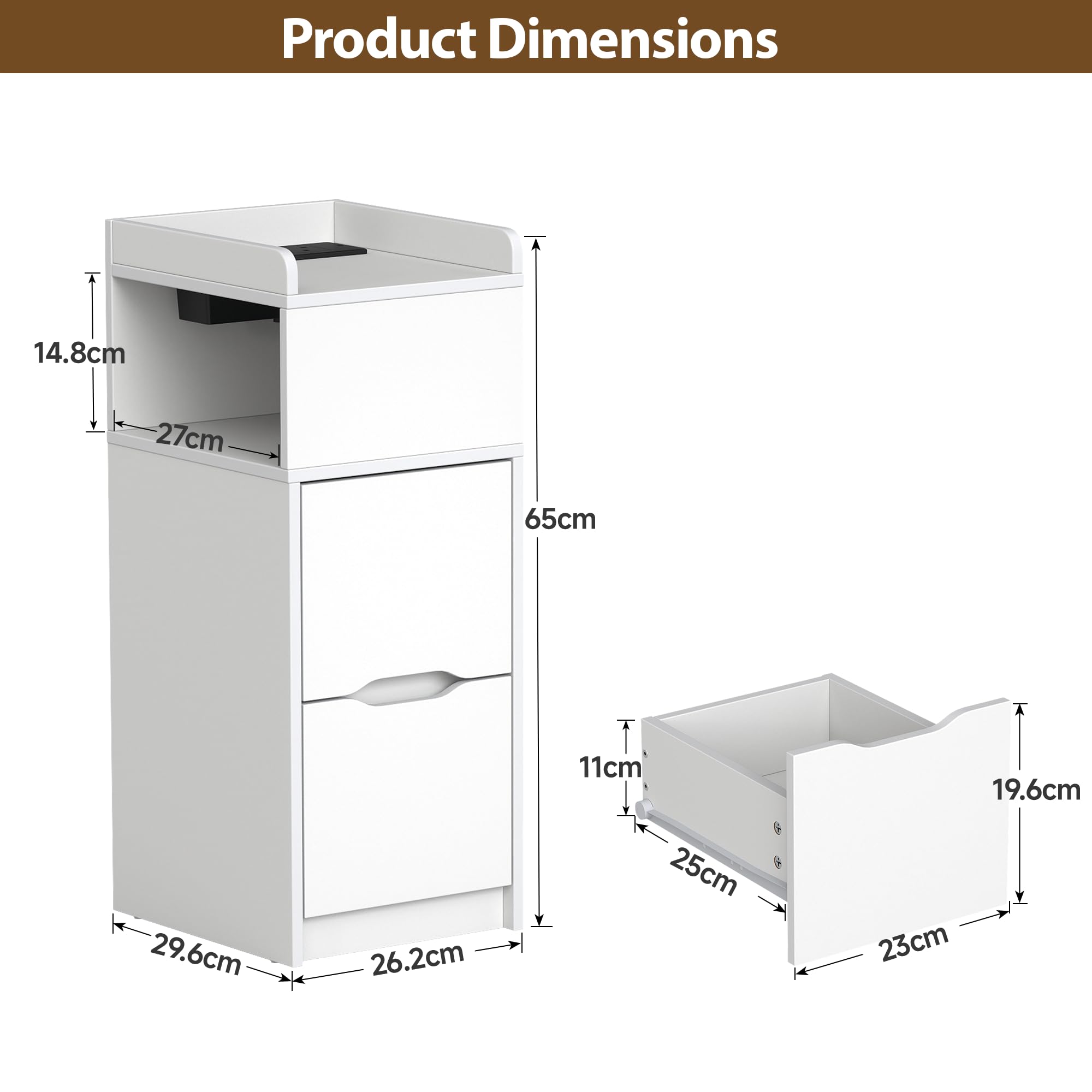 Quikraen Set of 2 Slim Bedside Table with Charging Station&Sensor LED Light