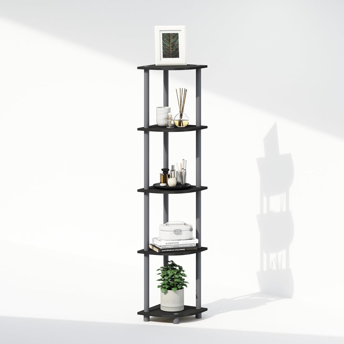 Furinno TURN-N-TUBE Corner Shelf, 5-Tier Corner Display Rack, Shelving Unit, for Organization and Storage, Living Room, Home Office, Garage, Bedroom