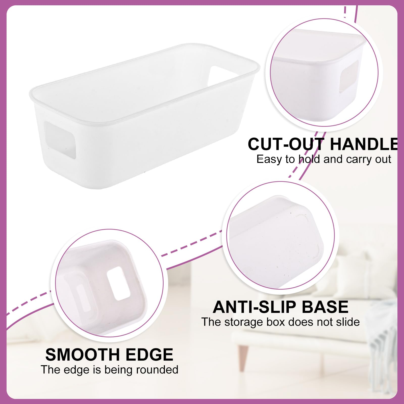 MUXHEL 18 Pack Small Storage Baskets 22x9x6.5cm White Plastic Storage Box with Built-in Handles Narrow Small Plastic Storage Baskets for Shelves