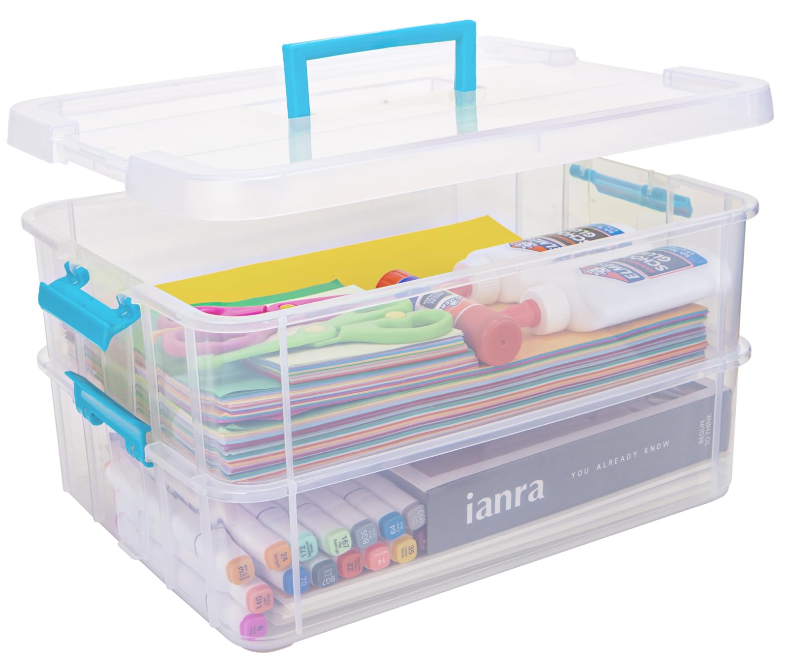 Creahaus 2 Layer Plastic Storage Containers with Lids, Multipurpose Clear Stack & Carry Box