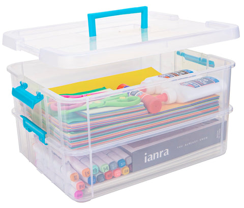 Creahaus 2 Layer Plastic Storage Containers with Lids, Multipurpose Clear Stack & Carry Box