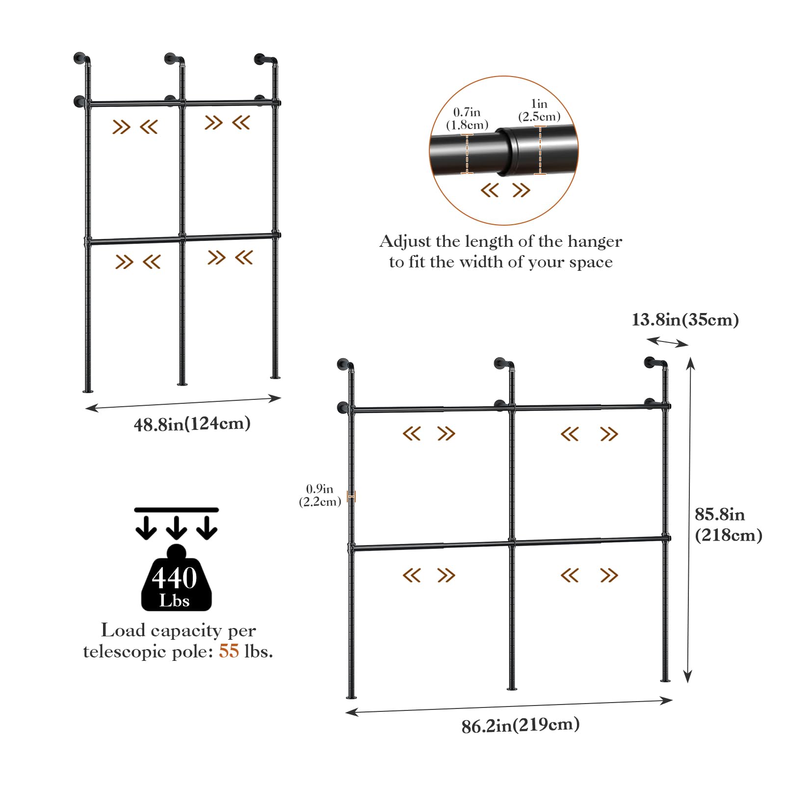 KZOBYD Extendable Wall Mounted Clothes Rails, Width 124 cm to 219 cm, Black