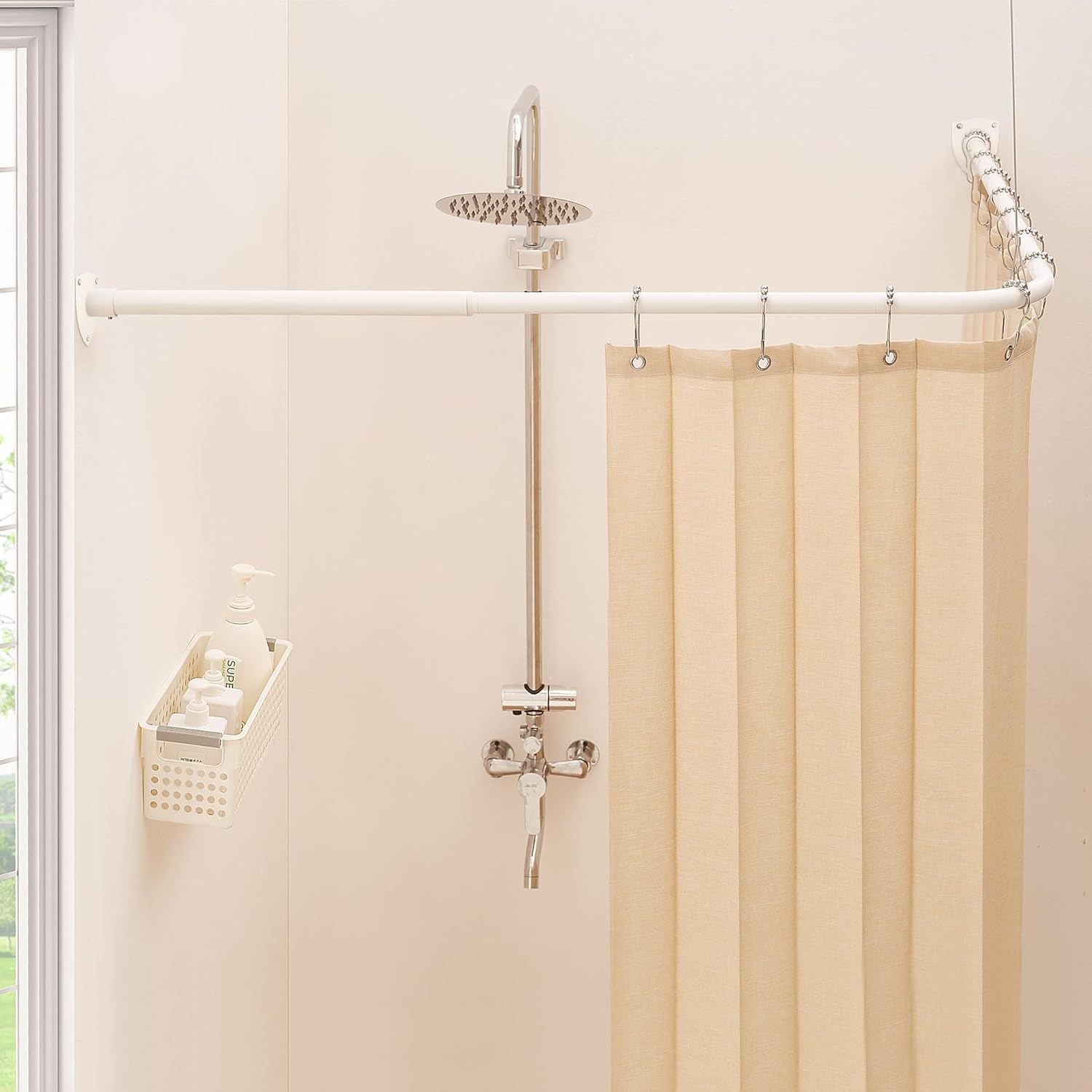 Shower Curtain Pole, L Shaped Shower Curtain Rail, Extendable Shower Curtain Rod for Bathroom, Clothing Store