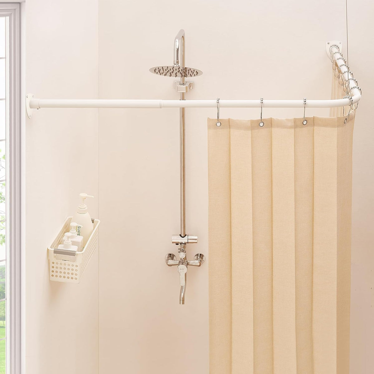 Shower Curtain Pole, L Shaped Shower Curtain Rail, Extendable Shower Curtain Rod for Bathroom, Clothing Store