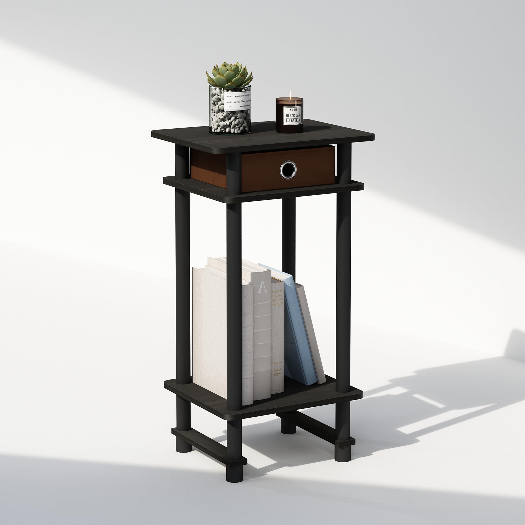 Furinno TURN-N-TUBE Night Stand, 3-Tier Open Shelf Design Nightstand with Storage Bin, Tall Narrow Bedside Table, End Table, Side Table